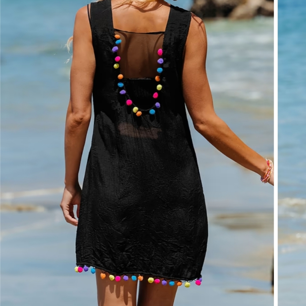 Cupshe Black Cover-Up with Colorful Pom-Poms - Picture 2 of 8